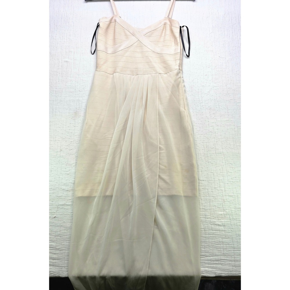 Bebe Champagne Cream Bandage Dress Draped Chiffon Overlay Midi 70K8K101-9500 M